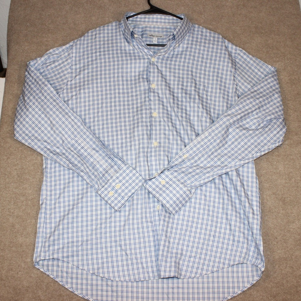 Peter Millar Mens XL Blue White Plaid Cotton Silk Button Down Shirt Long Sleeve